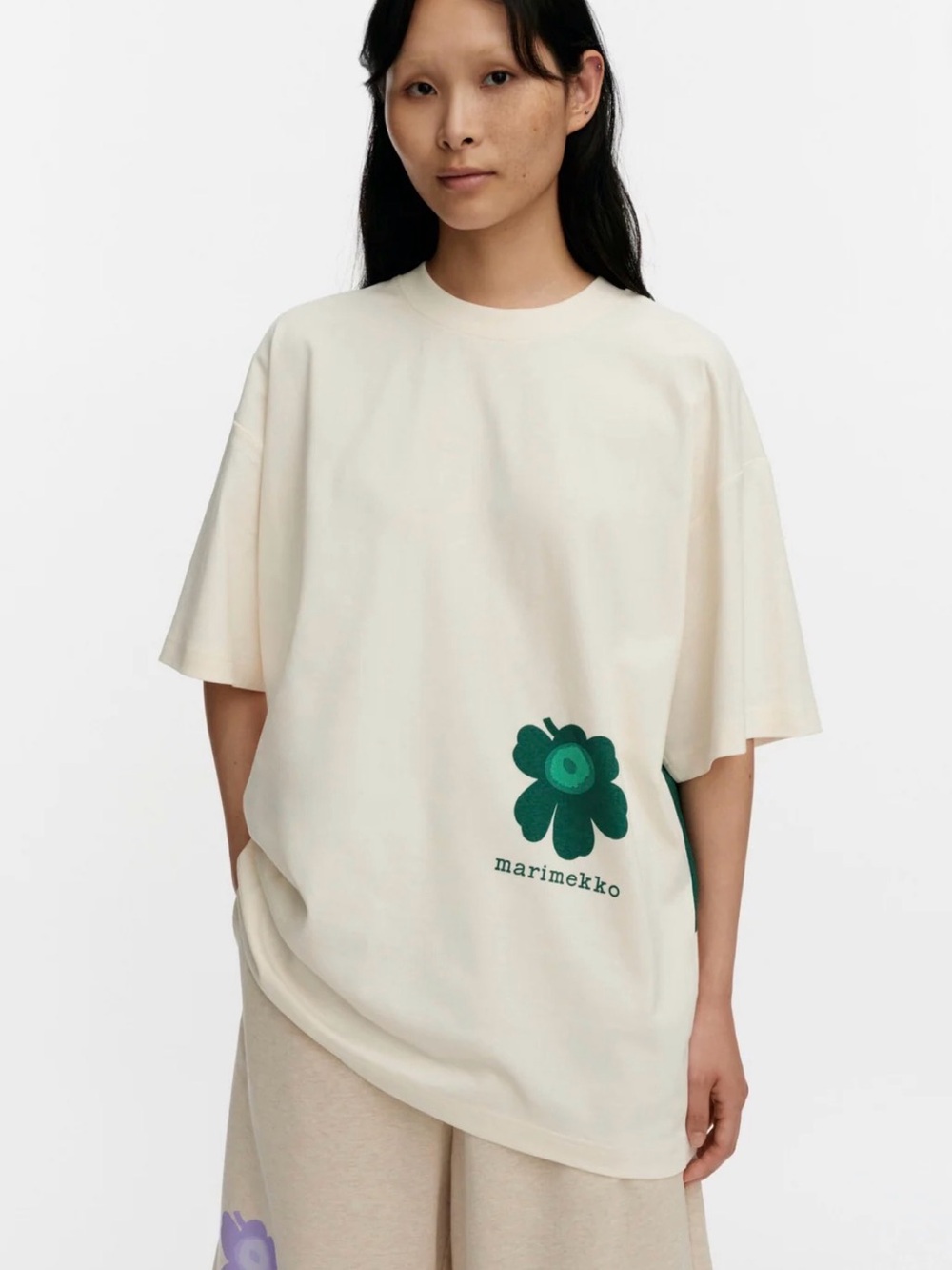 Marimekko Cream Short-Sleeve Tee with Green Floral Motif
